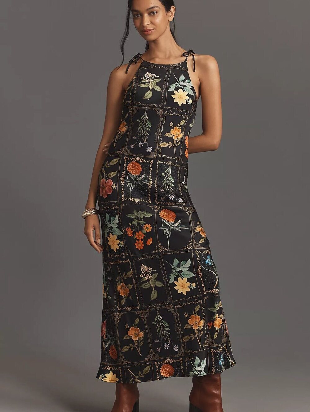 Anthropologie Botanical Floral Tie-Shoulder Column Midi Dress XL